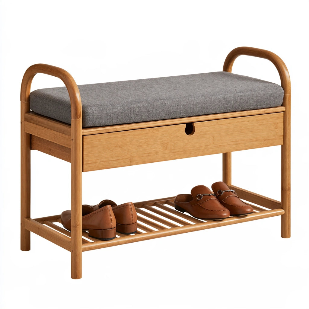 Banc à chaussures avec assise rembourrée en tissu, coloris gris et brun clair