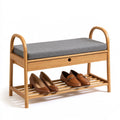 Banc à chaussures avec assise rembourrée en tissu, coloris gris et brun clair
